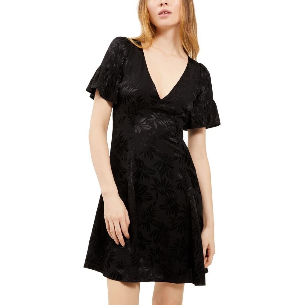 Michael Kors Black Satin Floral Flutter Sleeve Dress XXS